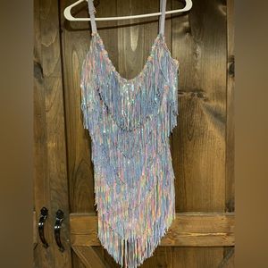 Amazing Lace Lavender Shake It My Way Fringe Mini Dress, Size Medium